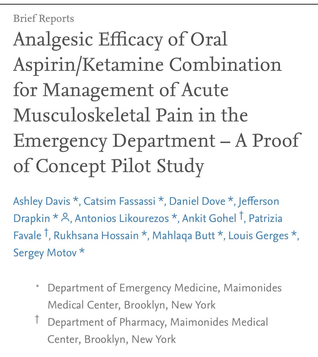 MaimoPharmRes's tweet photo. 🚨 Preceptor Publication 🚨
The ED team @MaimoHealth compared a specially formulated aspirin tablet with oral ketamine and compared it to oral ketamine alone for MSK pain. This resulted in clinically significant pain relief in 80% of participants!! 🤕➡️💊➡️😌 #emergencymedicine https://t.co/wTyAVC8KZk