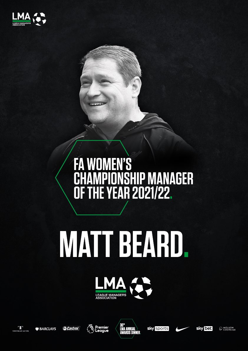 LMA_Managers's tweet photo. Congratulations to @LiverpoolFCW Manager Matt Beard for winning The FA Women's Championship Manager of the Year #LMAAnnualAwards https://t.co/04JbHEH9Mg
