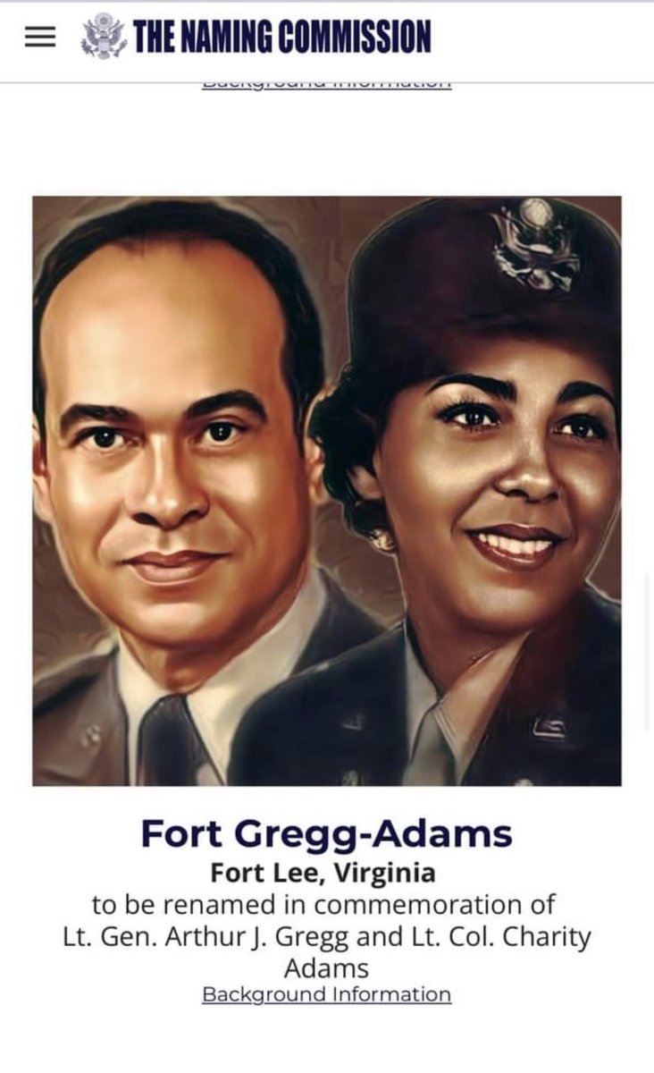 The naming commission’s recommendation for Fort Lee is Fort Gregg-Adams after LTG Arthur Gregg and LTC Charity Adams. These are two extraordinary leaders who have inspired many people. @ArmyIMCOM <a href="/SCoE_CASCOM/">U.S. Army CASCOM</a>