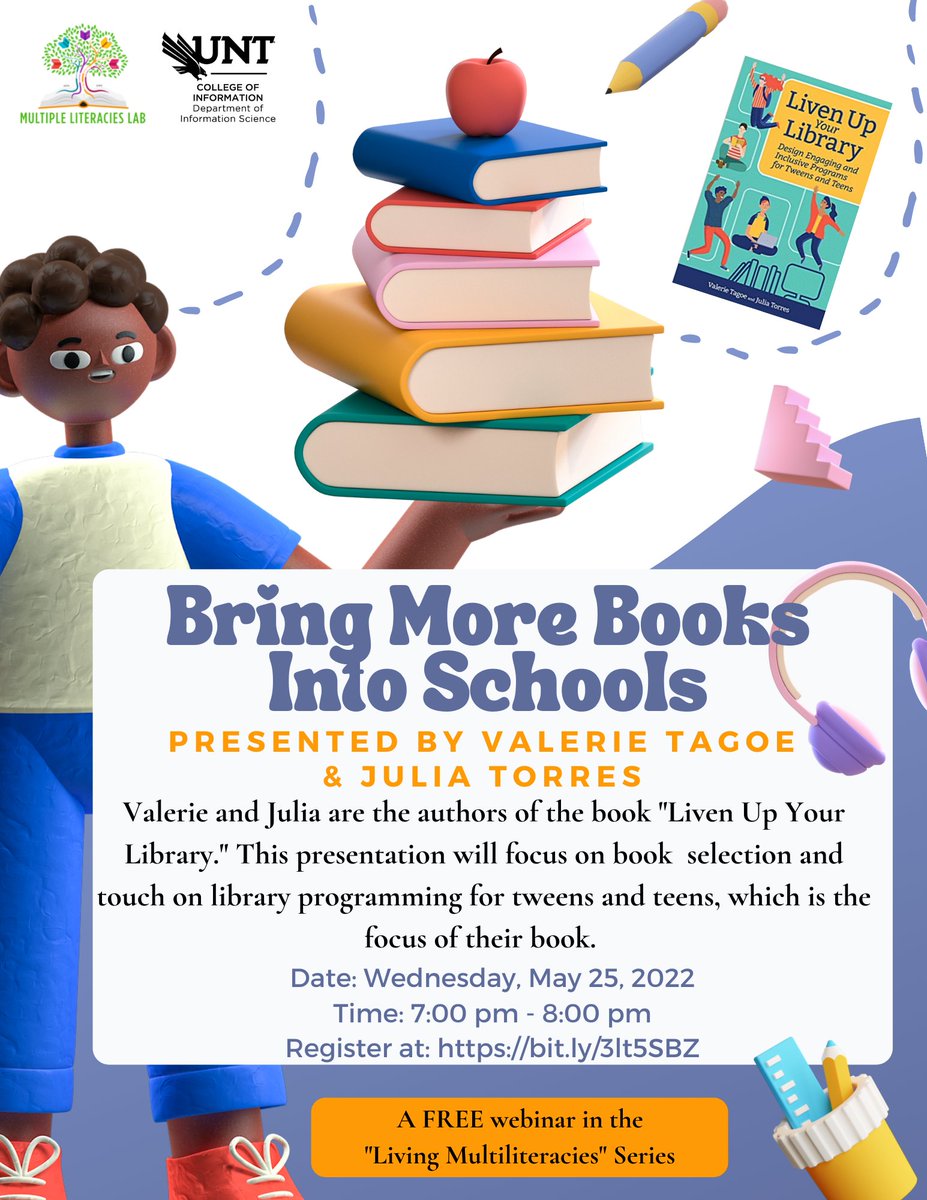 dsmithlibrarian's tweet photo. Julia Torres &amp; Valerie Tagoe, authors of the book "Liven Up Your Library," will present about book selection &amp; library programming for tweens &amp; teens. It's free to attend tomorrow 5/25/2022 @ 7pm CST. Register at https://t.co/PtomwcsE6c. @juliaerin80 @untcoi  #schoollibrarians https://t.co/NaUrzkOYgs