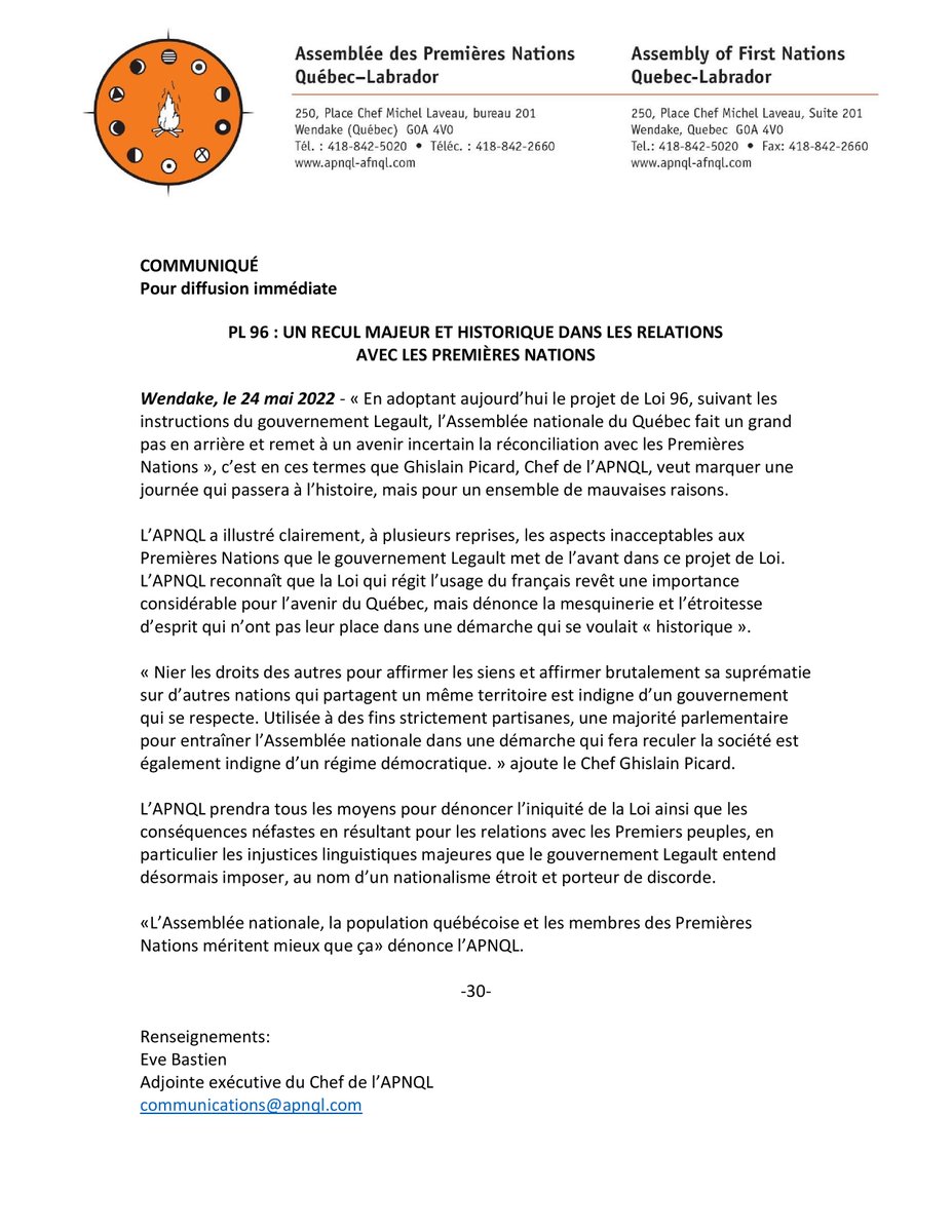 apnql's tweet photo. Communiqué - Press release 📣📣📣

PL96 : Un recul majeur et historique dans les relations avec les Premières Nations. 
BILL 96: A major and historic step backwards in relations with First Nations.
#polqc #PL96 #Bill96 https://t.co/Ky1HSVgTGf