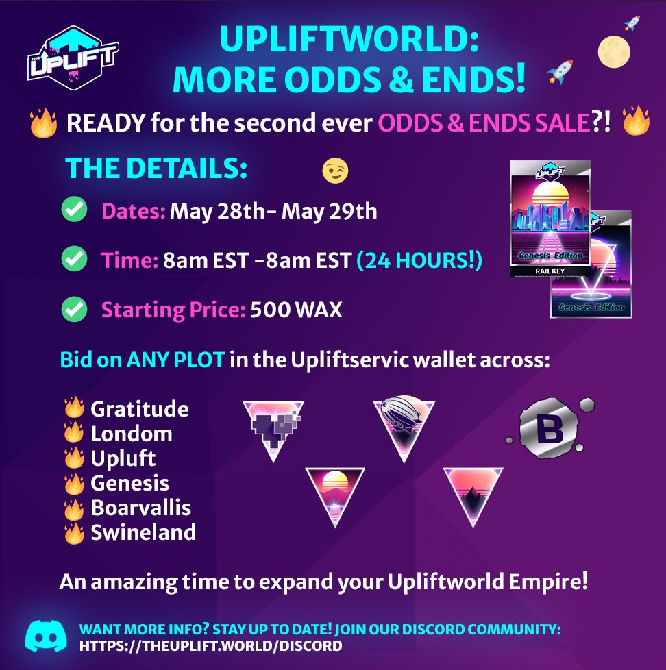 theupliftworld's tweet image. 🚀 200 #NFT #Giveaway! 🚀 Our second Odds &amp;amp; Ends sale will take place THIS WEEKEND and will last 24 HOURS!🔥

🐥QUOTE TWEET this with your #WAX wallet and which world you spend the most time in 😉 4 of you will each win 50 PLOT SHARD NFTs! #Upliftworld #Minecraft #Metaverse #DAO