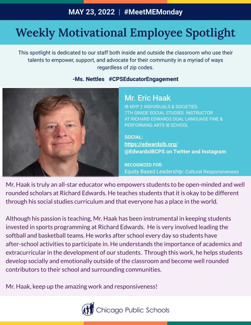 CPSEducatorEngagement (@cpseducator) on Twitter photo Shout out to our Equity Based Motivational Leaders who were featured on #MeetMEMonday! Mr. Eric Haak <a href="/EdwardsIBCPS/">Richard Edwards Elementary</a> and Ms. Yvette Vazquez <a href="/VonSteubenMSC/">Von Steuben MSC</a> continue to be inclusive and responsive to student's needs in everything they do! <a href="/Network8CPS/">Network8CPS</a> @network14cps @ILIBSchools Shout out to our Equity Based Motivational Leaders who were featured on #MeetMEMonday! Mr. Eric Haak <a href="/EdwardsIBCPS/">Richard Edwards Elementary</a> and Ms. Yvette Vazquez <a href="/VonSteubenMSC/">Von Steuben MSC</a> continue to be inclusive and responsive to student's needs in everything they do! <a href="/Network8CPS/">Network8CPS</a> @network14cps @ILIBSchools
