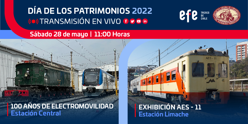 EFETrenesChile's tweet photo. ¡IMPERDIBLE 💪! Este sábado desde las 11:00 am transmisión especial por el #DíaDeLosPatrimoniosEFE 🚉. Estaremos desde E. Central exhibiendo trenes eléctricos 🚄 de 1922 a la fecha, y luego desde Limache, podrás ver el automotor AES-11 😱👏.
Más info 👉 https://t.co/4Yst5MGheA https://t.co/DcHV2ZFpm2