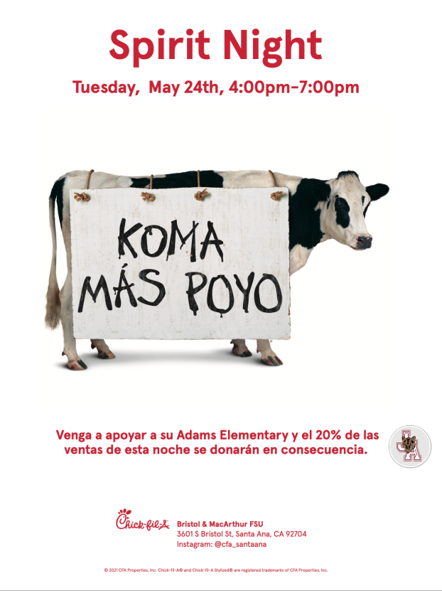 Chick Fil-a Fundraiser TODAY 4PM-7PM psqr.io/l6fSPGQL0E via <a href="/ParentSquare/">ParentSquare</a>