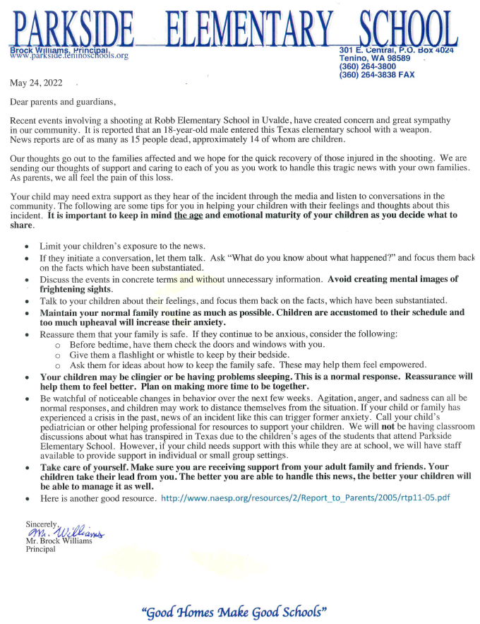 PES_Penguins's tweet photo. Letter from Mr. Williams with resources for parents if you need it in the coming days.  This was also sent to all Parkside Families via Skyward this afternoon.   Please take care of yourself and each other. https://t.co/nJPSQzQpPh