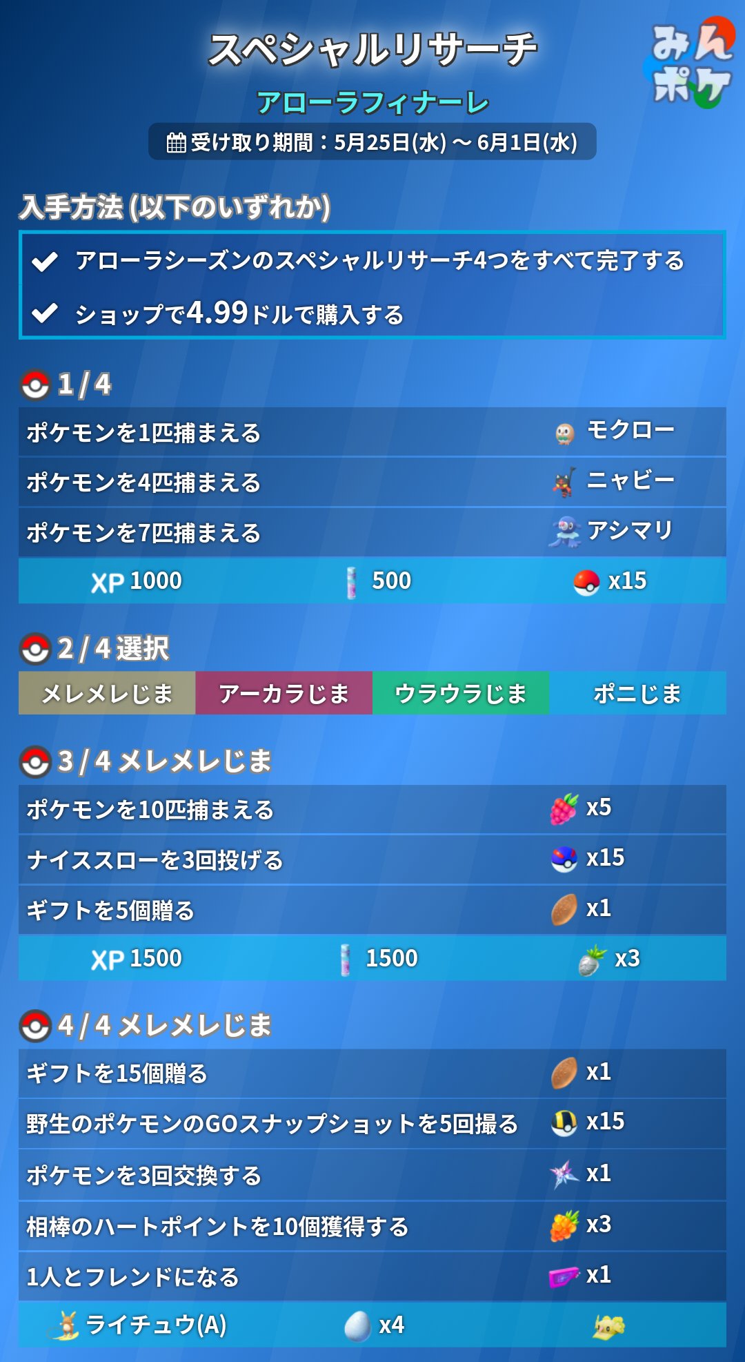 ポケモンgo攻略 みんポケ アローラフィナーレ スペシャルリサーチが判明しました 全部で4ページあり 2ページ目で分岐します それぞれタスクやリワードが異なるので 確認してから選択しましょう T Co Vntl5picsa ポケモンgo T