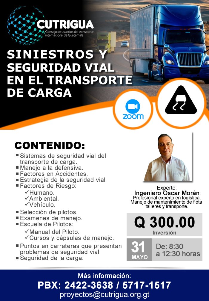 CUTRIGUA's tweet photo. Siniestros y Seguridad Vial en el Transporte de Carga.

Inscripción en el  siguiente link:
https://t.co/mi9sNatw2q…    

Para mayor información: proyectos@cutrigua.org.gt     Teléfonos: 2422-3638/5717-1517. https://t.co/oLEAuoIZUw