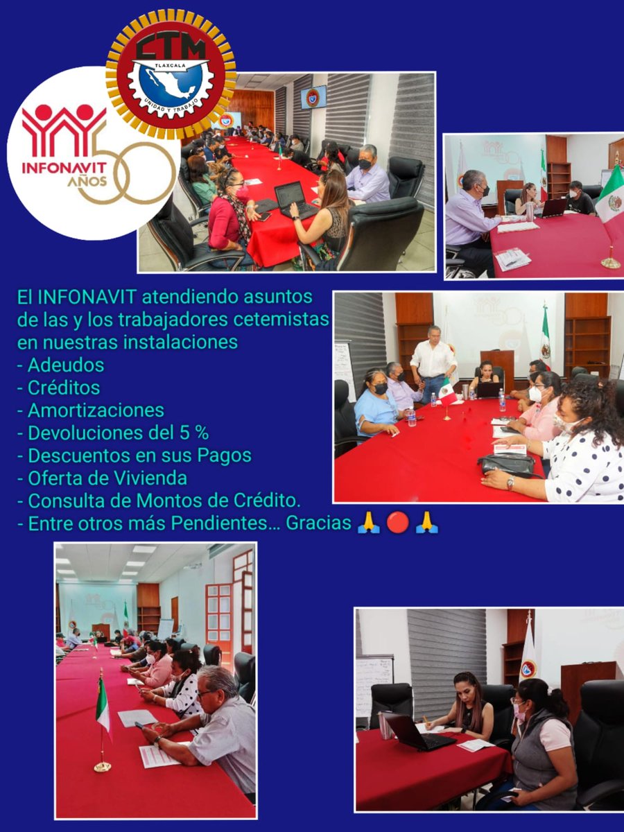 ⭕El #Infonavit atendiendo asuntos pendientes de #Trabajadores #Cetemistas en las instalaciones de la <a href="/CTMPuebla/">CTM_FTPuebla</a>
-Adeudos✔️
-Créditos✔️
-Amortizaciones✔️
-Devoluciones del 5 %✔️
-Descuentos en sus Pagos✔️
-Oferta de Vivienda✔️
-Consulta de Montos de Crédito✔️
<a href="/leobardosoto/">Leobardo Soto</a> <a href="/seffh/">Seffh Ramírez Pérez</a>
