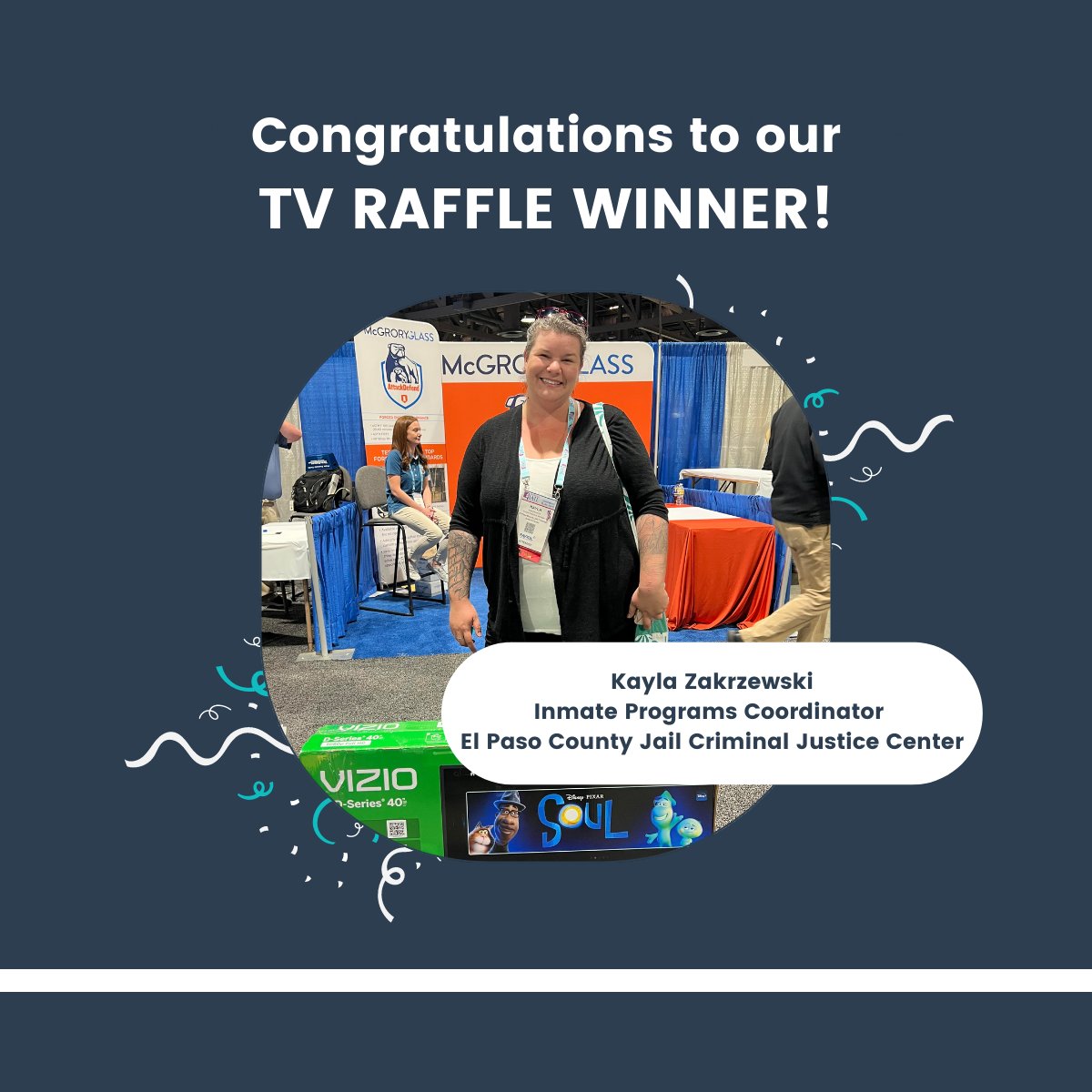 pigeonlyco's tweet photo. Congrats to our TV raffle winner, Kayla Zakrzewski from El Paso County Jail Criminal Justice Center! Thank you to everyone who participated at this year's @AmerJail Conference &amp; Jail Expo in Long Beach.
#pigeonlycorrections #pigeonly #longbeach  #inmatemail #jailmail #AJA https://t.co/wbcqxYWfRA