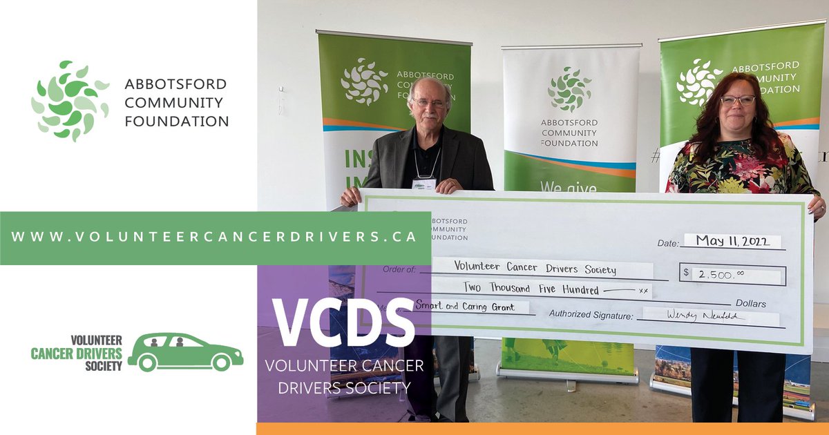For the second year in a row we are pleased to announced that we have been awarded the "Smart and Caring Grant" from the Abbotsford Community Foundation for the amount of $2500.00. Thank You! #GiveWhereYouLive #VolunteerCancerDriversSociety