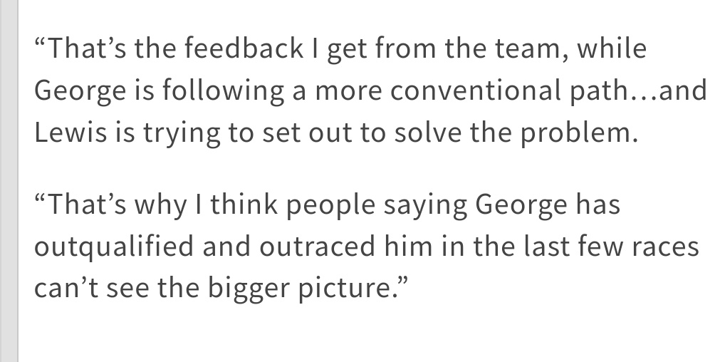 From Ross Brawn who has informations from the team
Lewis sacrifices his own races to improve the car and experiments 
While Russell concentrates on his racing
