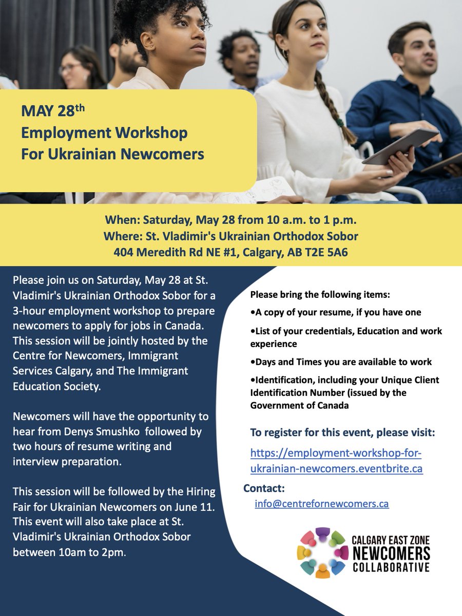 TIESyyc's tweet photo. Employment Workshop for Ukrainian Newcomers - Saturday May 28th 10 am to 1 pm!
Register to attend here: https://t.co/ebLLkoRVDp
@YYCNewcomers @ISCyyc
#employmentworkshop #ukrainian #newcomers
#yycjobs #resumewriting #interviewprep #ukrainiansupport #refugeesupport https://t.co/JFes7xu1hb