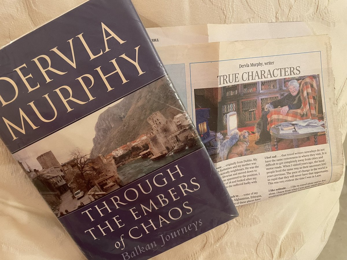 ClareCashin's tweet photo. @RositaBoland Just sifted her book about travelling in the Balkans from my shelves &amp; out fell a clipping I’d inserted in 2011 of an interview with her from the Irish Times. Love re-discovering old gems like that. One inspirational lady. RIP #dervlamurphy a special travel writer 🪶 💜 https://t.co/VGR6TGYOtg