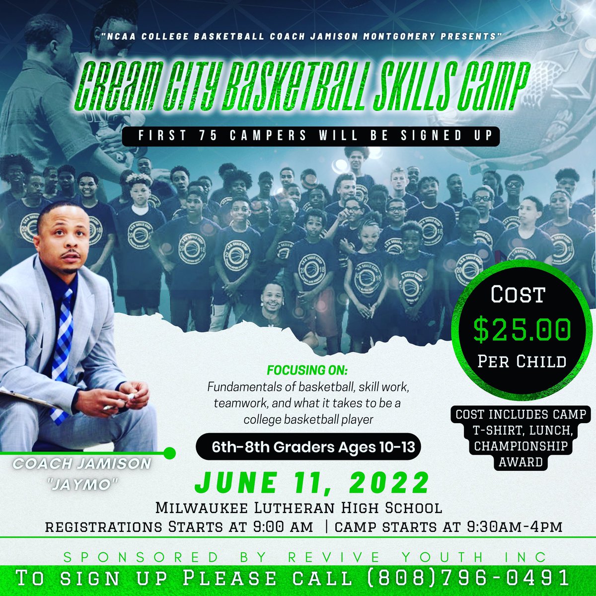 Great camp and experience for any 6th-8th graders in the greater Milwaukee area! I am hosting my cream city basketball skills camp, June 11th at Milwaukee Lutheran high school! Please pass the word and retweet! Call the number on the flyer  and sign up today!