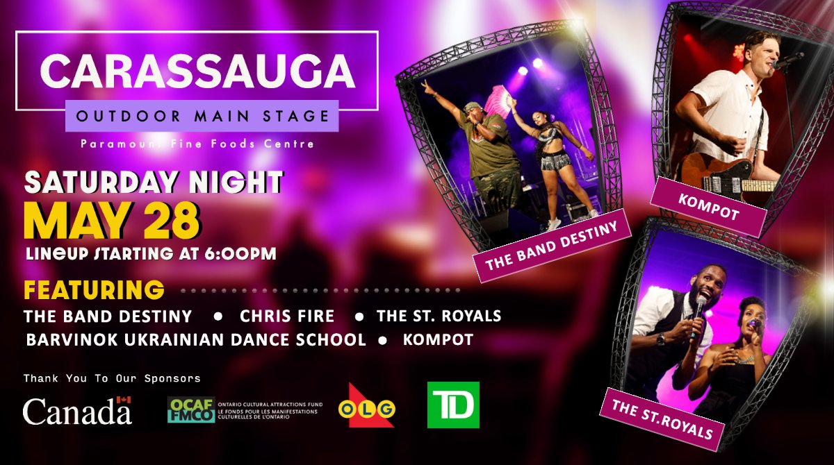 Carassauga's tweet photo. This Saturday night at @PFFCentre check out our artist lineup performing on our outdoor stage. @TheBandDestiny Kompot, @stroyals @barvinokdancers, and more.

Get your admission passport at https://t.co/hbPUM6Ohep

Sponsors: @OLG_CA @TD_Canada @OCAFLeFonds &amp; @HeritageCanada https://t.co/buiXT3jltx