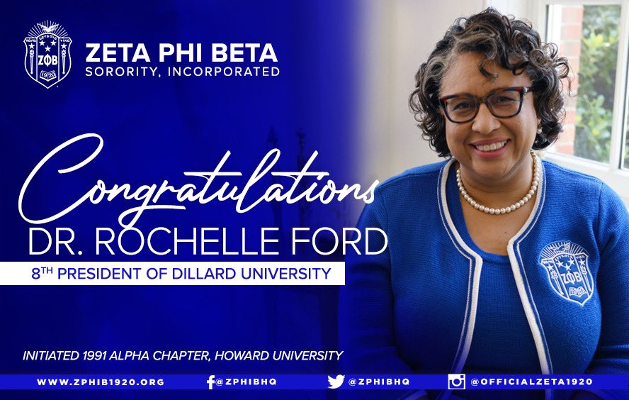 Congratulations to our Soror, Dr. Rochelle Ford, on becoming the 8th President of @dillarduniversity!  

Soror, we are so proud of you!!!! 

💙💙💙💙💙🕊 

#zetaphibeta #zphib1920 #zphib #HBCU
