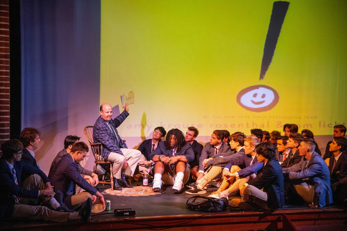 TPSHOS's tweet image. Happy to read "Exclamation Mark" by Amy Krouse Rosenthal aloud to the Class of 2022 @TrinityPawling this morning during story hour. A story about self-discovery, standing out, and making your mark — great reminders for the graduates during this exciting time. #Onward!