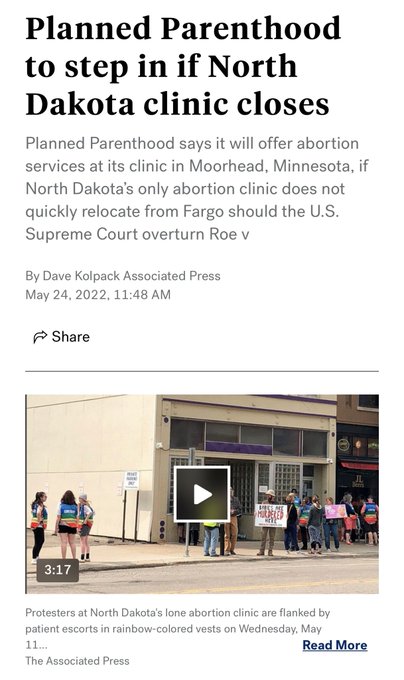 Screenshot of ABC article that reads, “Planned Parenthood to step in if North Dakota clinic closes
Planned Parenthood says it will offer abortion services at its clinic in Moorhead, Minnesota, if North Dakota’s only abortion clinic does not quickly relocate from Fargo should the U.S. Supreme Court overturn Roe”