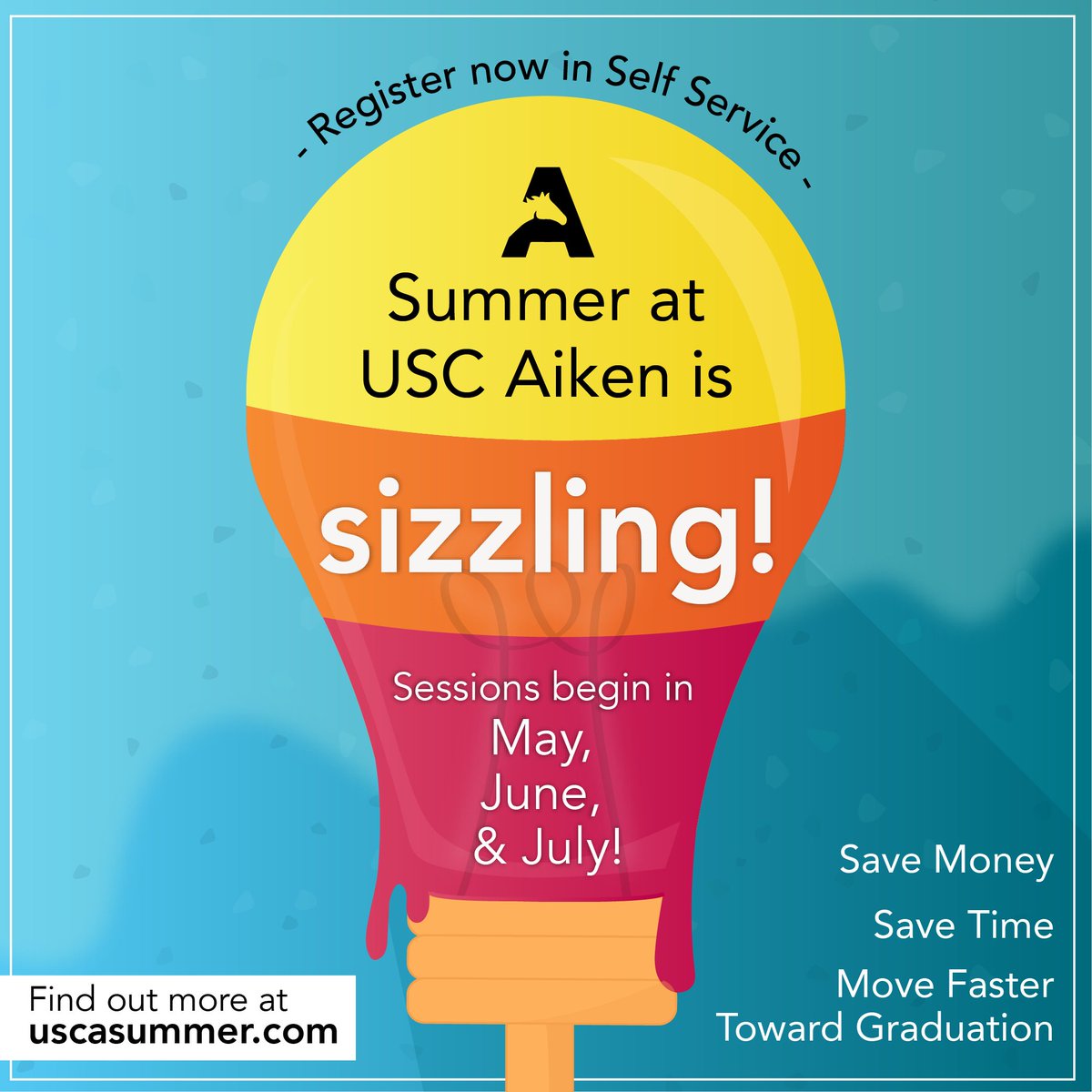 USCAiken's tweet image. The time is rapidly approaching for you to make your summer sizzle! Register for summer classes to get a head start on graduation. For more information please visit  uscasummer.com

Summer I classes will begin May 31st 
Summer II classes will begin July 5th