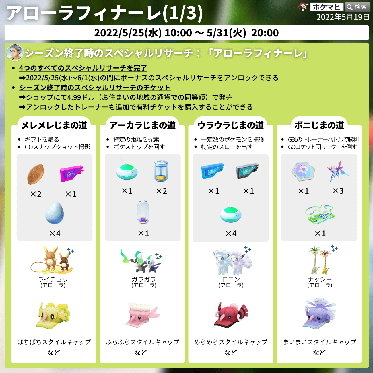 Twitter 上的 ポケモンgo攻略情報 ポケマピ アローラフィナーレの記事を更新しました 期間 5 25 水 朝10時 5 31 火 時まで スペシャルリサーチ アローラフィナーレ 4つの 道 それぞれの内容 コレクションチャレンジ フィールドリサーチ など 随時