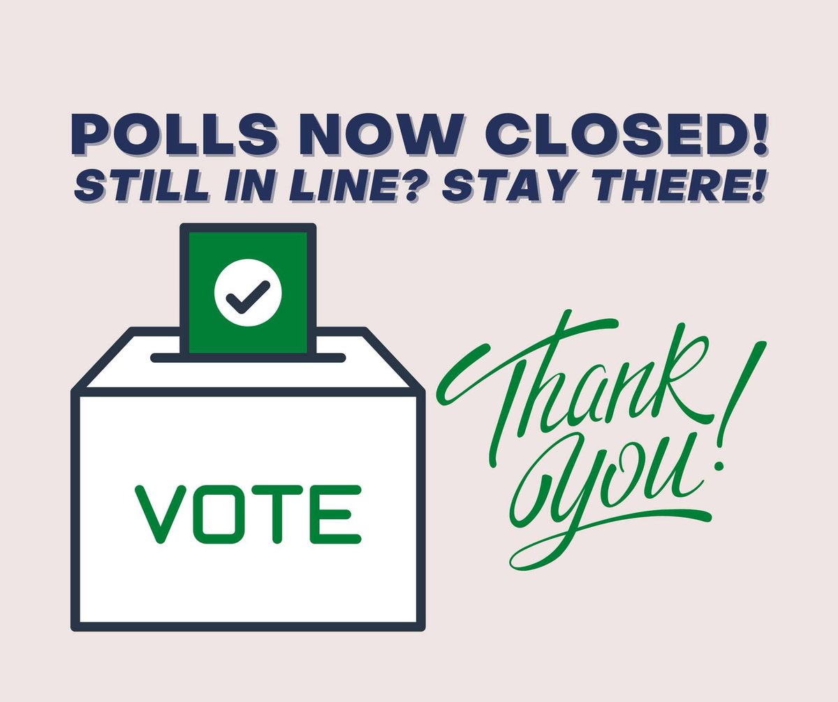 Allenfor7's tweet photo. It's 7pm-- and the polls have officially closed! If you were in line by 7pm, stay there- you still have the right to vote! 

Thank you to our volunteers and to the many voters who gave thumbs up, encouraging honks, and lots of waves as you headed to the polls!#GaPol #ElectionDay https://t.co/kDNVakC11E