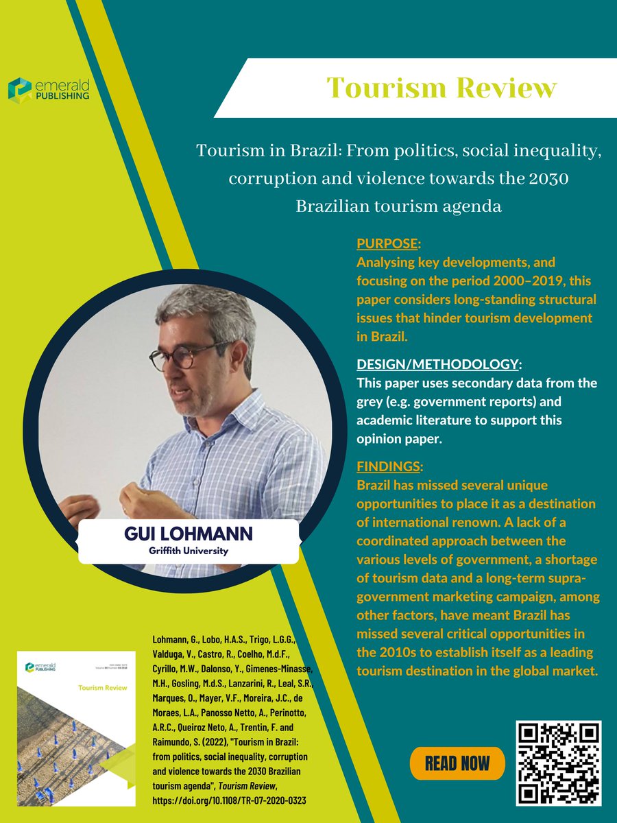 Leading #tourism researchers in #Brazil provide an overview of tourism and highlight critical issues hindering tourism #development in Brazil. <a href="/buhalis/">ProfDimitriosBuhalis #BeSmart #BeKind #GiveBlood</a> <a href="/AndrePerinotto/">André Riani Costa Perinotto</a> <a href="/Prof_GuiLohmann/">Gui Lohmann</a> <a href="/Dr_Ambrozio/">ambrozio.queiroz</a> <a href="/mariana_hase/">Mariana Coelho</a> 
#viewpoint #AcademicTwitter #TourismReview

doi.org/10.1108/TR-07-…