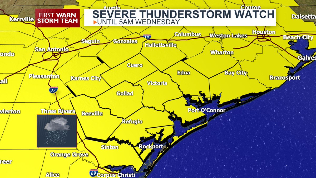 wxprobrian's tweet photo. SEVERE THUNDERSTORM WATCH: Has been issued for the entire Crossroads area including Victoria until 5am tomorrow morning. #CrossroadsWX #CrossroadsToday https://t.co/mo4D3C5bXM
