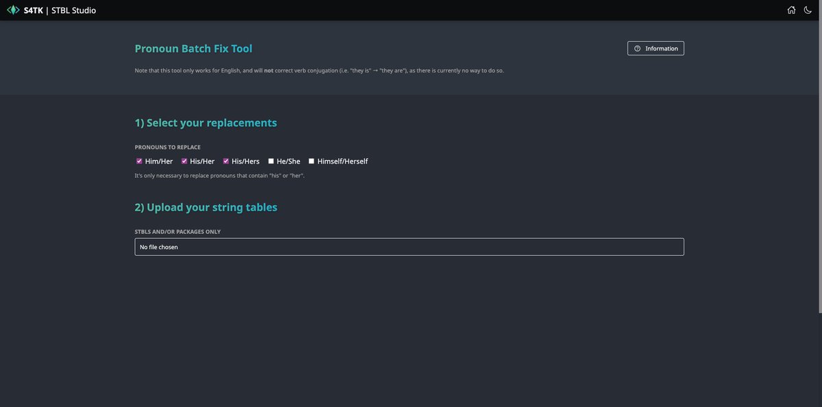 simstoolkit's tweet image. An online tool to batch fix strings for the pronoun update is now live. You can find it at: stbl.sims4toolkit.com/#/batch-fix/pr…
