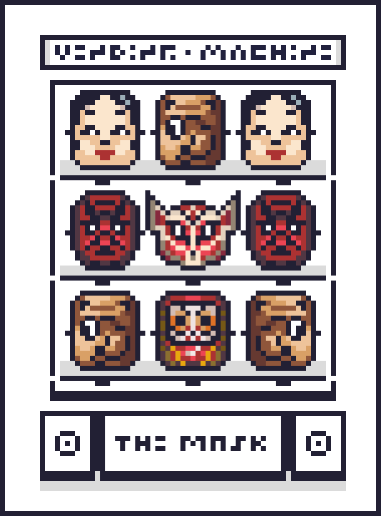 eddgaart's tweet photo. Vending Machine _ The Mask 🏮⛩️🏮
[ The artwork that join @tezumura Contest ]

x/20 Editions 
*On secondary market*
⛩️ https://t.co/vqyhgcQBtW
🏮 https://t.co/O5dH7If67p

#TezosJaponica #pixelartnft #CleanNFT #tezosart #japanesemasks #teia #teiaart https://t.co/MwyXayUXwA