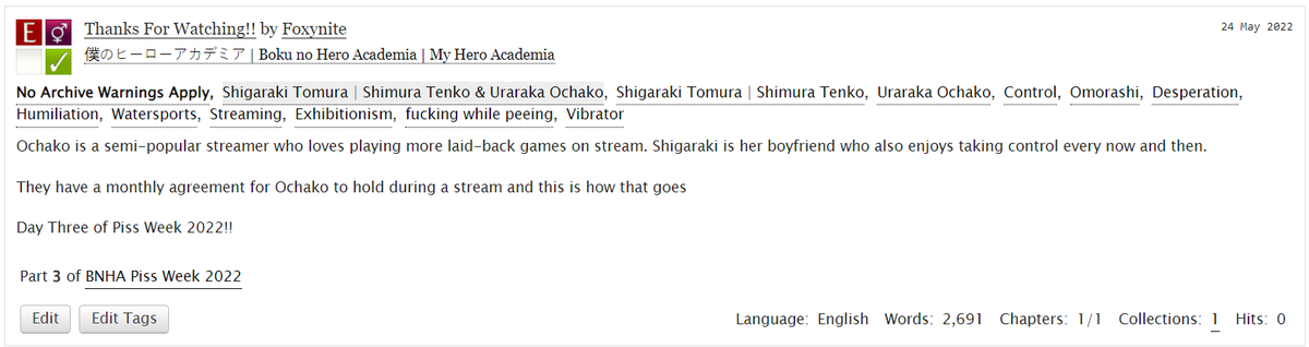 foxy_nite's tweet photo. Thanks for Watching!! | Ocharaki | Rated E | BNHA
Day Three for @bnhapissweek !!
Link:https://t.co/O0aPncqoam
Tags: Control, Humiliation, Omorashi, Exhibitionism
#pissweek #pissweek 2022 https://t.co/FvAsaDBwQE