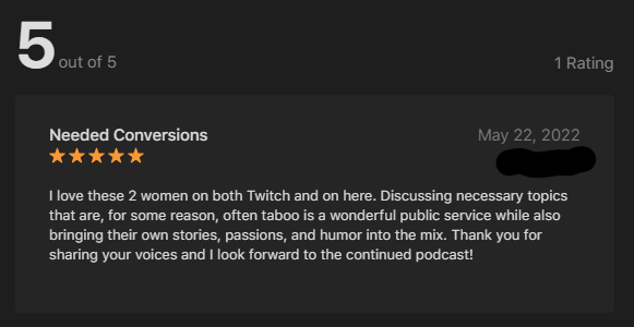 TCTSPodcast's tweet photo. We got our first review on #ApplePodcast ! ⭐️⭐️⭐️⭐️⭐️

Don't forget you can review! Let us know what you think! We want to make sure that we are bringing you the content YOU want while also fulfilling our need to share! https://t.co/nps9h9vDkp
