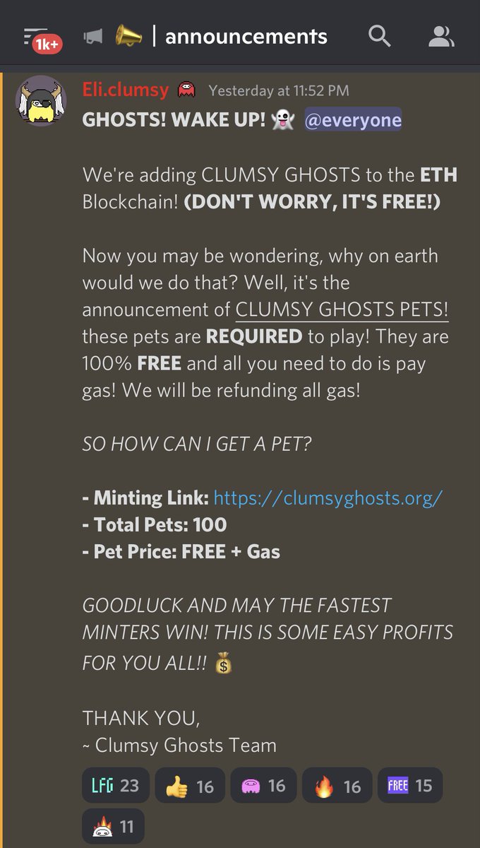 _VSterling's tweet photo. 🚨ATTENTION!🚨 @Clumsy_Ghosts discord has been hacked. Please do not click this link in the announcements channel ❌ There are no “Clumsy Ghost Pets” to mint. Stay safe out there family! #Cardano #NFTCommunity #NFT #CNFT #CNFTCommunity #ClumsyGhosts https://t.co/NqFQRxGF1C