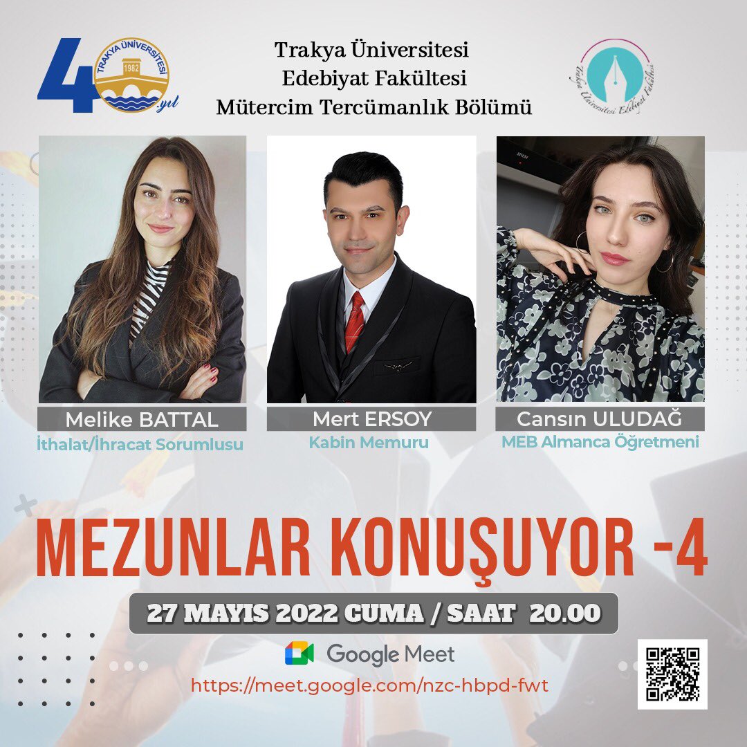 tucev2010's tweet photo. Üniversitemizin Mütercim-Tercümanlık Bölümü'nün gerçekleştireceği ‘’Mezunlar Konuşuyor’’ serisininin 4. etkinliğine değerli katılımlarınızı bekliyoruz. 🤗 😊

Görüntülü görüşme bağlantısı: https://t.co/r2Sc11LjVZ
.
.
.
.
#mütercim #tercümanlık #trakya #üniversitesi #çeviribilim https://t.co/CXHf5jvLq1