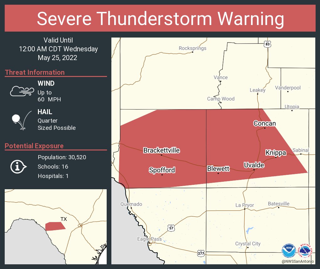 NWS Severe Tstorm di Twitter "Severe Thunderstorm Warning continues for Uvalde TX, Uvalde