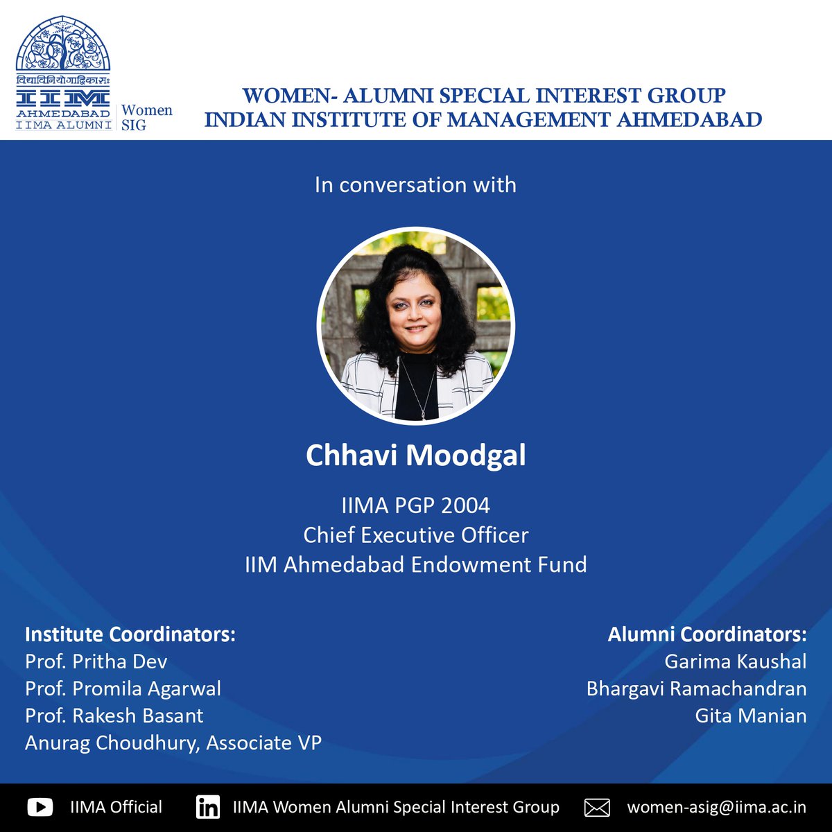 IIMA Alumni Association (@iima_alumni) on Twitter photo Listen to Chhavi Moodgal (PGP 2004) sharing her interesting journey from IIMA as a student up to #IIMA as a CEO, Endowment Fund with <a href="/kaushalgee/">Garima Kaushal 🐶</a> (PGP 2017) in the #podcast by <a href="/IIMAhmedabad/">IIM Ahmedabad</a> Women Alumni SIG.
Youtube:youtu.be/as9rflFq4mw
Podcast:iima.ac.in/web/media/podc… Listen to Chhavi Moodgal (PGP 2004) sharing her interesting journey from IIMA as a student up to #IIMA as a CEO, Endowment Fund with <a href="/kaushalgee/">Garima Kaushal 🐶</a> (PGP 2017) in the #podcast by <a href="/IIMAhmedabad/">IIM Ahmedabad</a> Women Alumni SIG.
Youtube:youtu.be/as9rflFq4mw
Podcast:iima.ac.in/web/media/podc…