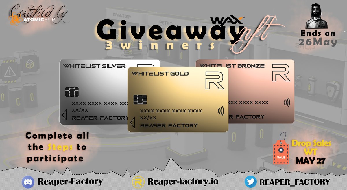 REAPER_FACTORY's tweet photo. 🎁#NFTGiveaway 
Drop Sale on May 27th at 18:00 UTC on @AtomicHub
with @WAX_io 

Prizes : 200$
🏆1 NFT WT Gold
🏆1 NFT WT Silver
🏆1 NFT WT Bronze

To enter:
1⃣Follow @REAPER_FACTORY 
2⃣RT + LIKE
3⃣Tag 3 Friends

🗓️Ends 26/05 22:00 UTC

🎁 Join Drop : 
https://t.co/adPvwgTlNF https://t.co/HGfsKT4AVN