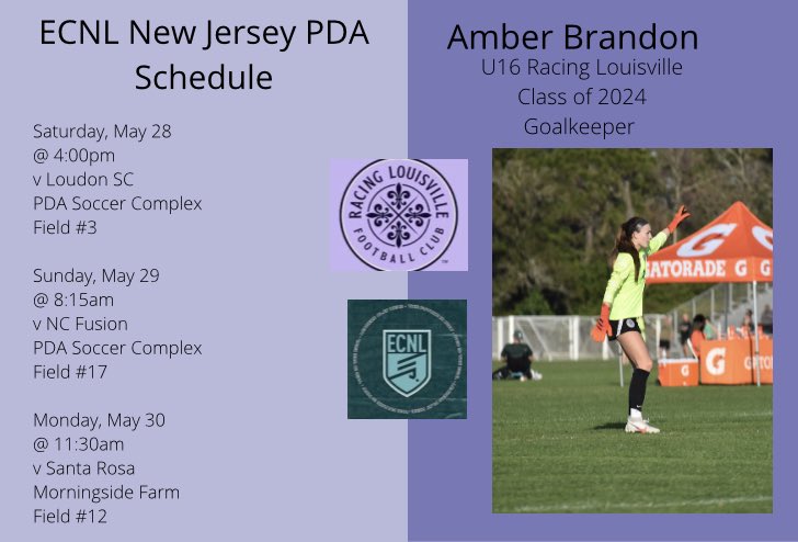 _amberbrandon's tweet photo. Can’t wait to compete in New Jersey this weekend!
@LouCityAcademy @ECNLgirls @ImCollegeSoccer https://t.co/bWyV6JfUiY