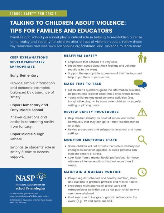 Please turn off the news in front of your young children.  Answer questions in a simple, developmentally-minded manner.  Reassure your children that they are safe with you.  Reach out to mental health professionals for intense or lingering distress.  We are here to help.