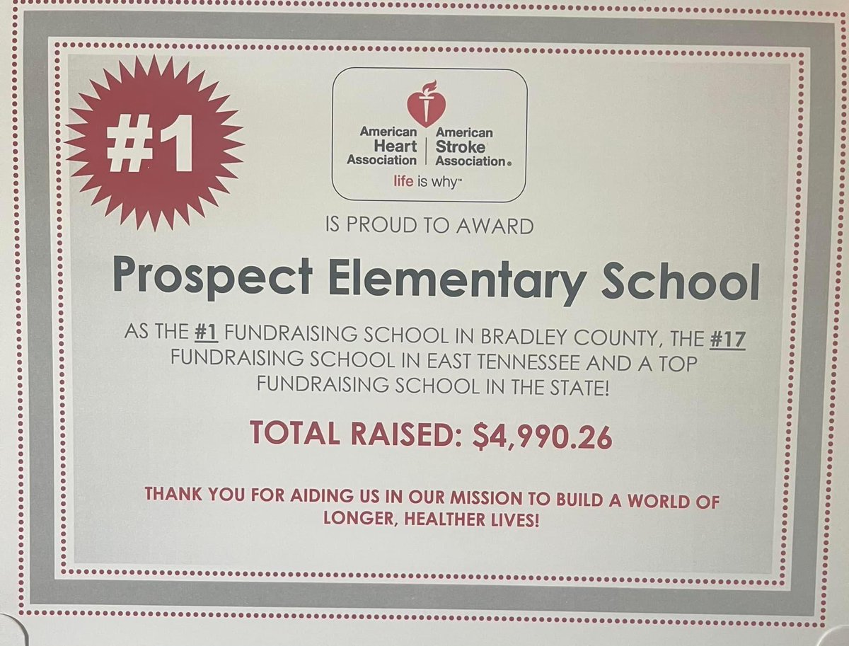 We have an amazing school and community of giving people! We were the #1 fundraising school in Bradley County for the American Heart Association! Thank you again for supporting this program the way you did! 💜 #ProspectProud #americanheartassociation #VFL