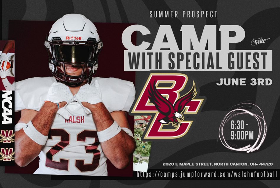 💣BOOM💣 🚨BIG TIME ALERT 🚨 JUNE 3RD: SPECIAL GUEST @BCFootball 🔗 camps.jumpforward.com/walshufootball ^signups at the link or via the Athletics website 🥇COMPETE 🔴LEARN FROM ELITE COACHES