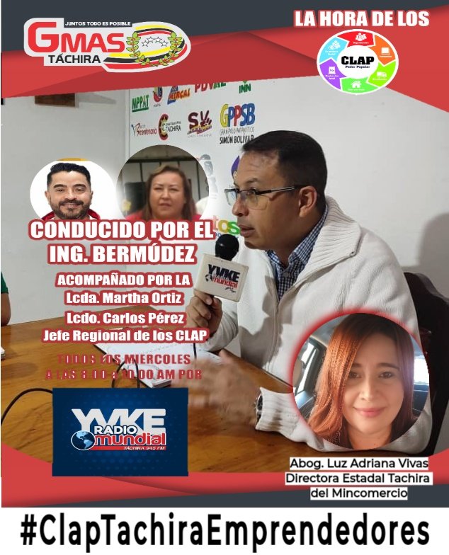 Mañana #25Mayo a partir de las 8am por la 94.5 FM <a href="/YvkeTachira/">Yvke Tachira</a> no se pierdan "La Hora de los Clap",  los Emprendedores activos que tendremos como invitada a la Directora de <a href="/MincomercioTach/">MincomercioNacTachira</a> la Abog. Luz Adriana Vivas con información importante para los #ClapTachiraEmprendedores