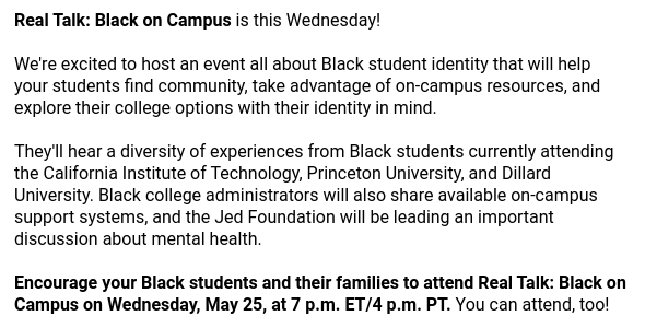 Join College Board for Real Talk: Black on Campus Wednesday, May 25, 2022 at 7:00 p.m.  Register today at Real Talk:  Black on Campus  
>> globalmeet.webcasts.com/starthere.jsp?… <<