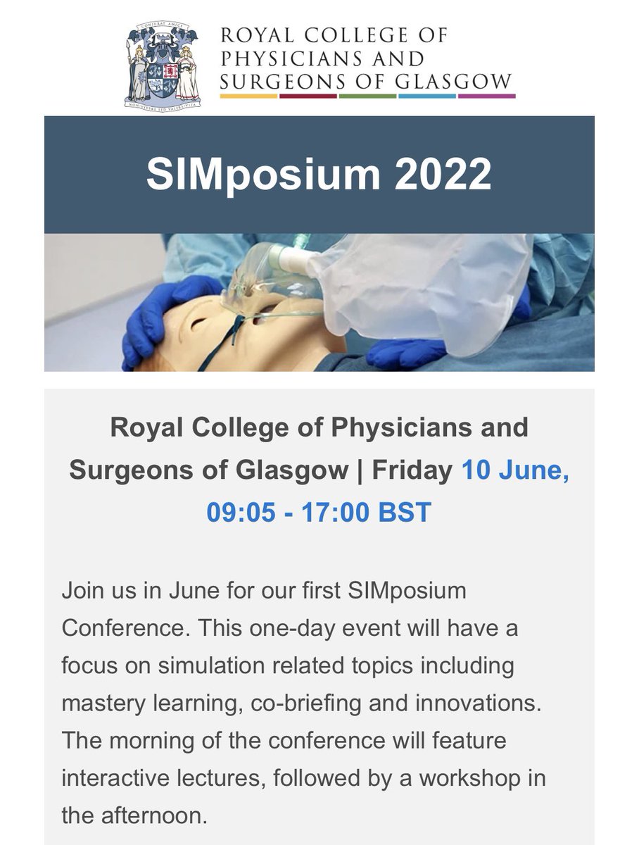 stevo_paterson's tweet photo. SIMposium 2022 looking forward to this event. Book early to avoid disappointment. #sim #medicaleducation #NHSGGC #RCPSG #topsim https://t.co/jix9yLqC9L