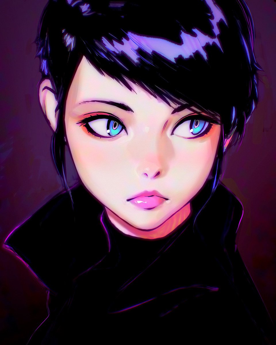 1girl solo blue eyes short hair black hair lips turtleneck  illustration images