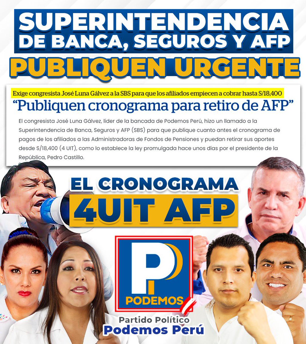 podemos_peru's tweet photo. Un día más que se pierde por falta de reglamentación para retiro de 4UIT AFP. ¿Hasta cuándo la @SBSPERU seguirá arrodillada a los cárteles de la banca y demorando la publicación del cronograma? Mientras tanto Pedro Castillo muy tranquilo, a punto de viajar a Suiza. #AFPnoMeRobes https://t.co/lTmWIRlrnb