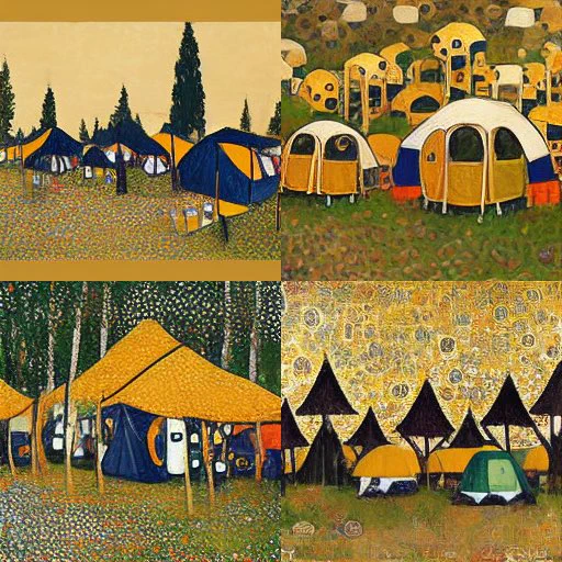 AI generated image of a painting of a campground with tents in the style of Gustav Klimt
