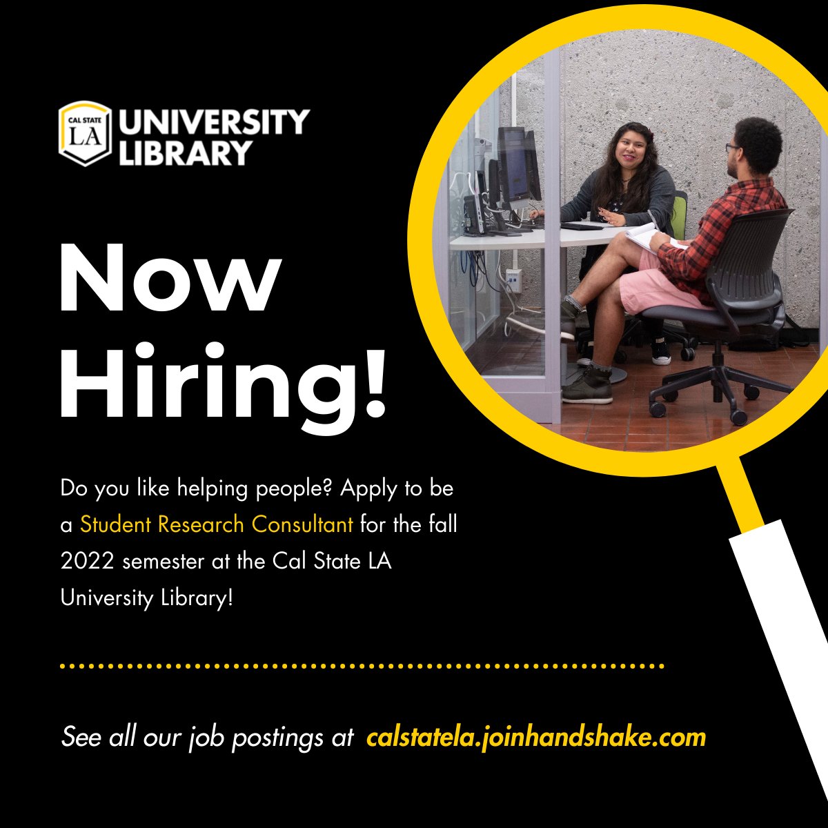 Cal State LA University Library (@calstatelalib) on Twitter photo π¨ JOB ALERT! Join our Student Research Consultant team! SRCs work with students guiding them through the research process, locate articles and books, refine research topics, model search strategies, and offer help using various citation styles. More info: calstatela.joinhandshake.com/emp/jobs/63526β¦ π¨ JOB ALERT! Join our Student Research Consultant team! SRCs work with students guiding them through the research process, locate articles and books, refine research topics, model search strategies, and offer help using various citation styles. More info: calstatela.joinhandshake.com/emp/jobs/63526β¦