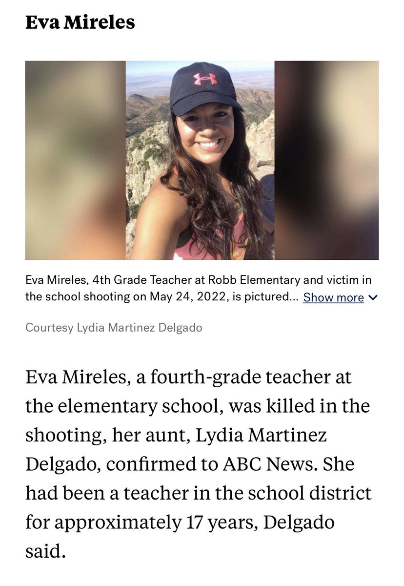 Eva Morelos is an #elementaryteacher who went to work today and isn’t going home. Teachers across the country are feeling the terror and thought, that could have been me. Pray for her family and demand systematic change. #RobbElementarySchool #teachertwitter #rememberhername