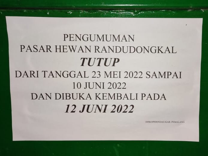 distanparikpml's tweet photo. Mencegah meluasnya penyebaran PMK di Kabupaten Pemalang, Pasar Hewan Randudongkal untuk sementara TUTUP, mulai tgl 23 Mei 2022 sampai 12 Juni 2022. https://t.co/wFQdqbRj0b